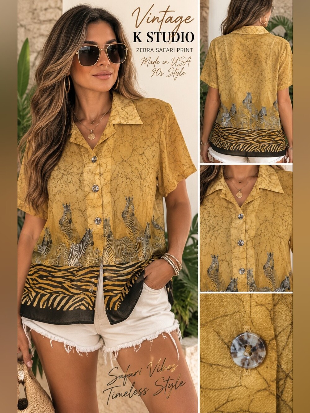 Vintage 90s K Studio Zebra Safari Novelty Border Print Blouse Size 14 - A4